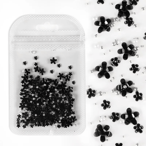 Petites Fleurs 3D Noir/Argent - Ongles Elaine Lemay