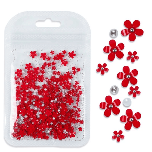 Petites Fleurs 3D Rouge/Argent - Ongles Elaine Lemay