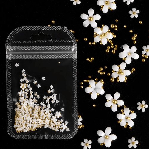 Petites Fleurs 3D Blanc/Or - Ongles Elaine Lemay