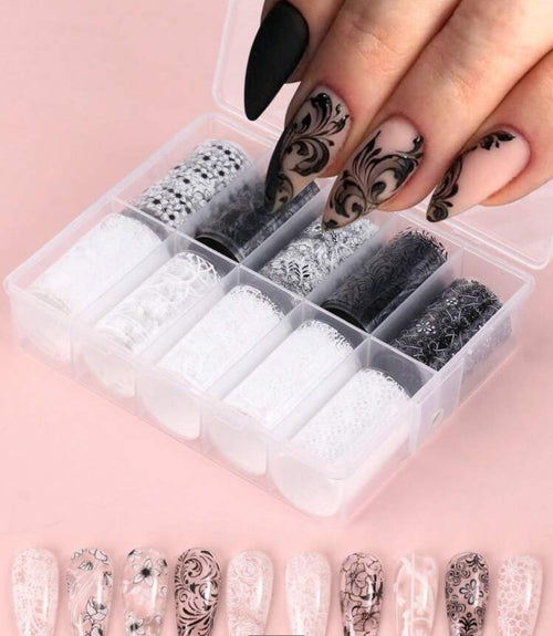 Foil Dentelle noire et blanche - Ongles Elaine Lemay 
