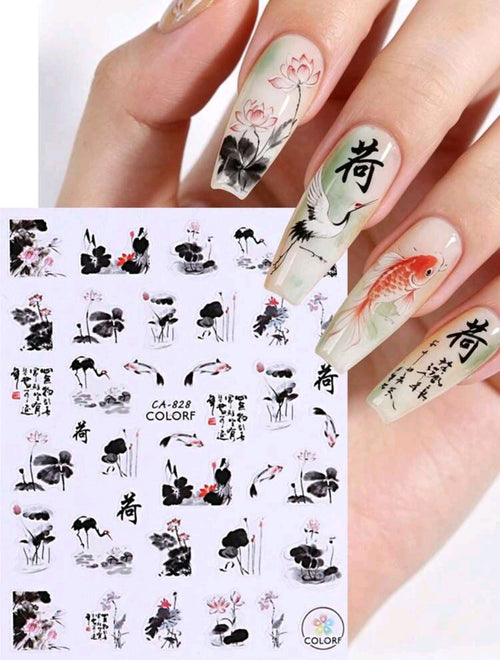 Collant Lotus, grues et poissons koï- Ongles Elaine Lemay