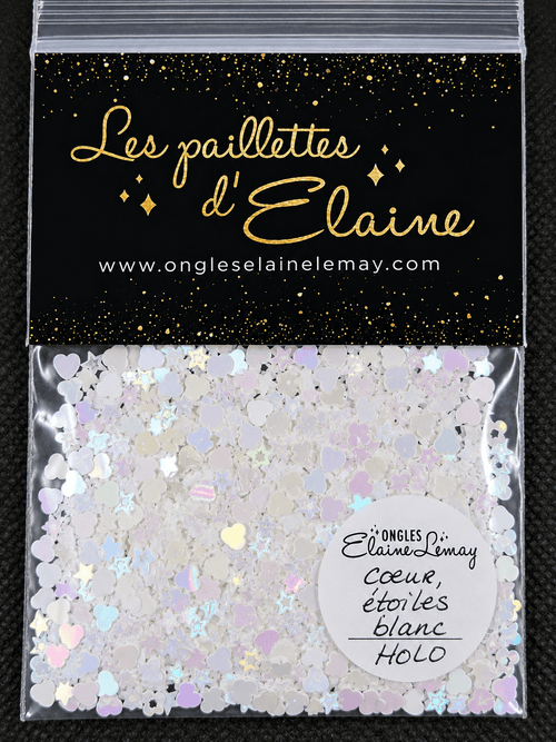Étoiles, cœurs blanc holo - Ongles Elaine Lemay