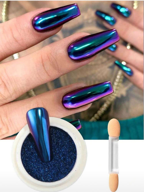 Poudre Chrome Caméléon bleu - Ongles Elaine Lemay