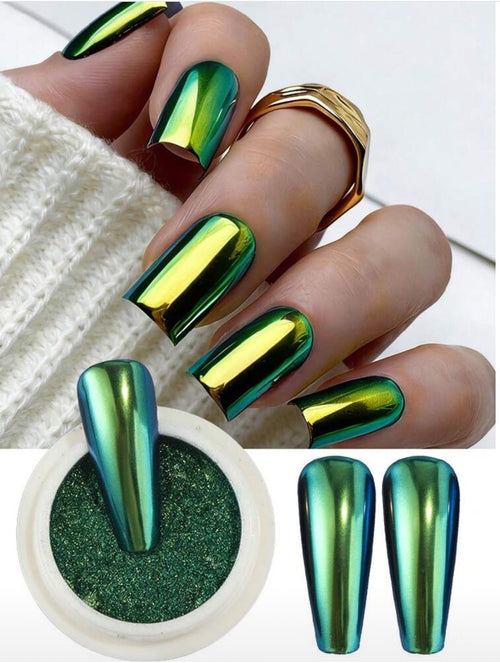 Poudre Chrome Caméléon vert - Ongles Elaine Lemay