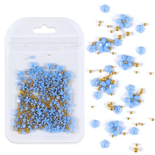Petites Fleurs 3D Bleu/Or - Ongles Elaine Lemay 