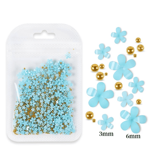 Petites Fleurs 3D Bleu Pâle/Or - Ongles Elaine Lemay 