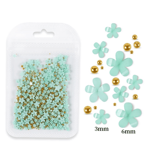 Petites Fleurs 3D Vert Pâle/Or - Ongles Elaine Lemay 