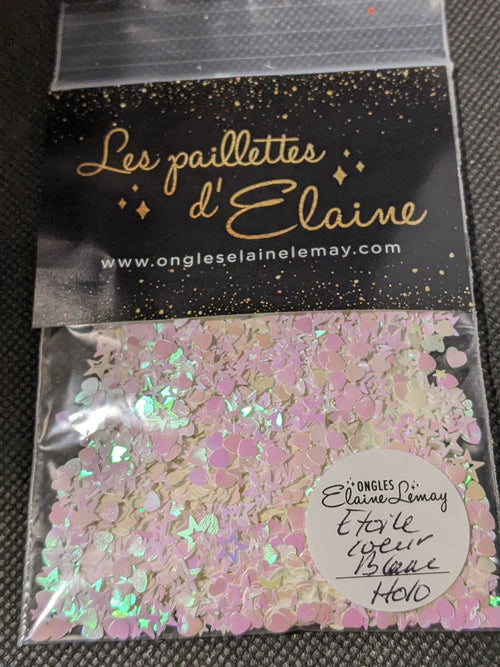 Étoiles, cœurs blanc holo - Ongles Elaine Lemay 