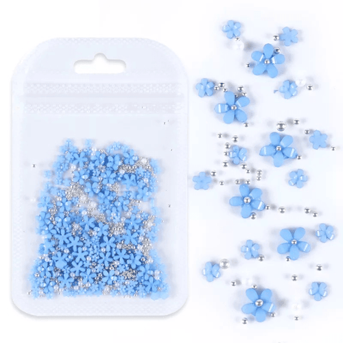 Petites Fleurs 3D Bleu/Argent - Ongles Elaine Lemay