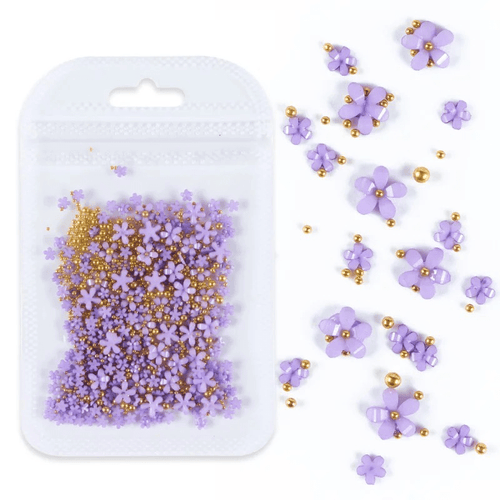 Petites Fleurs 3D Mauve/Or - Ongles Elaine Lemay