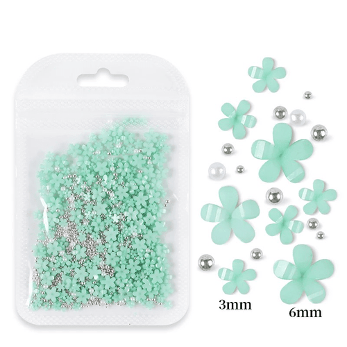 Petites Fleurs 3D vert pâle / argent - Ongles Elaine Lemay